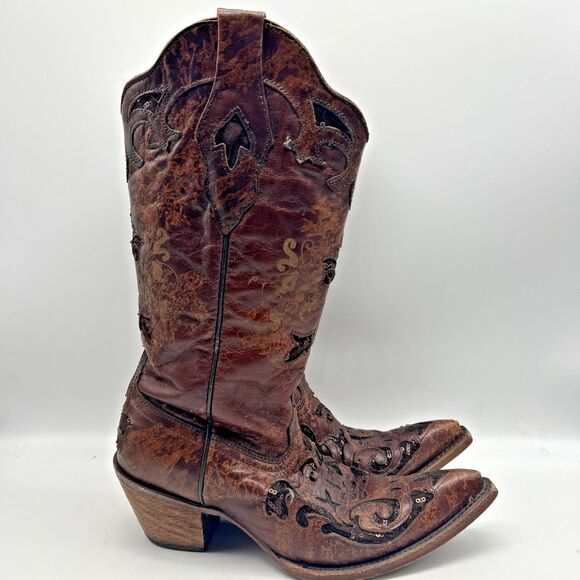 Corral Vintage Cowboy Boots Womens 6.5 Brown Sequin Inlay Embroidered  Western - Picture 2 of 8